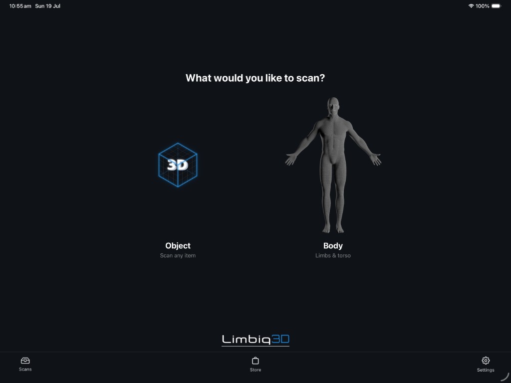 Limbiq3D on Mac — choose Object or Body scan